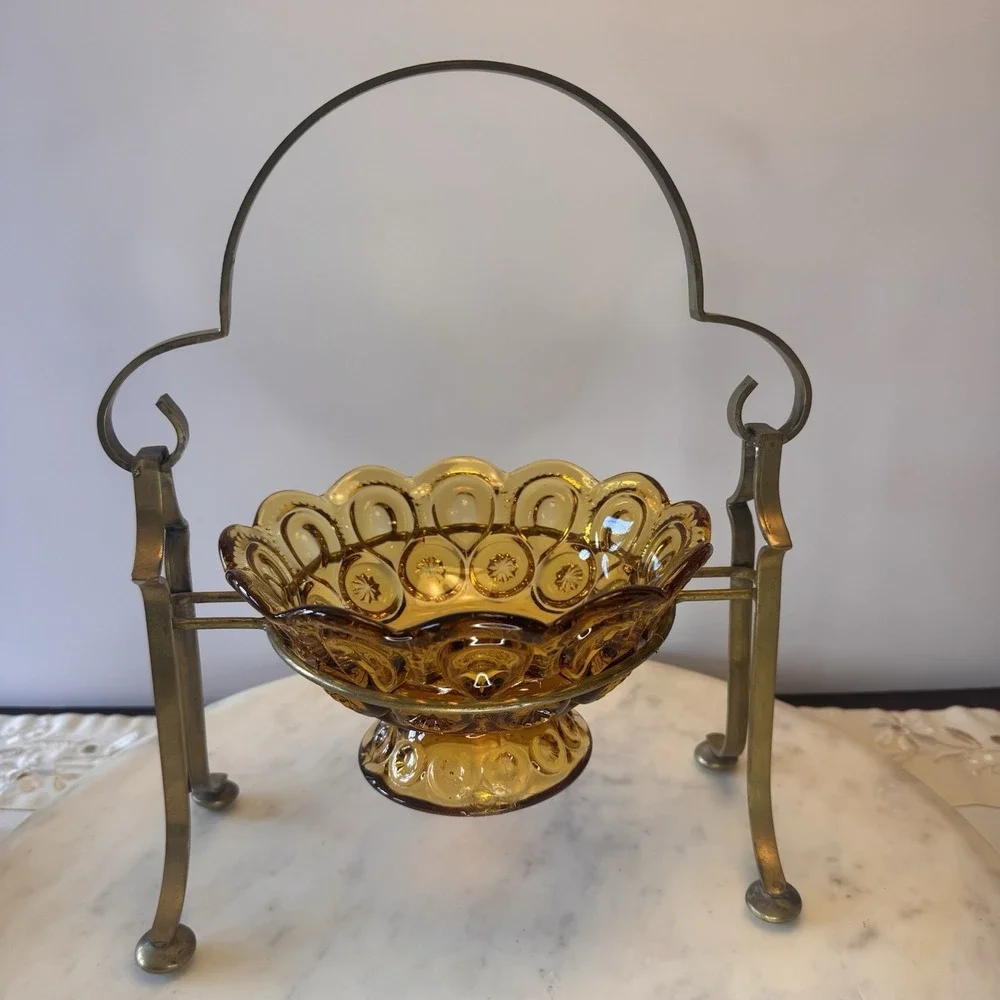 LE Smith Amber Glass Moon & Stars Pedestal / Bowl ~ Brass Arch Holder Stand